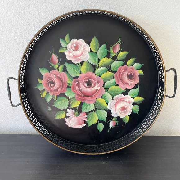 Vintage Pilgrim Art Tole Ware Metal Tray With Handles // Handpainted Roses 15.5" - Picture 1 of 10